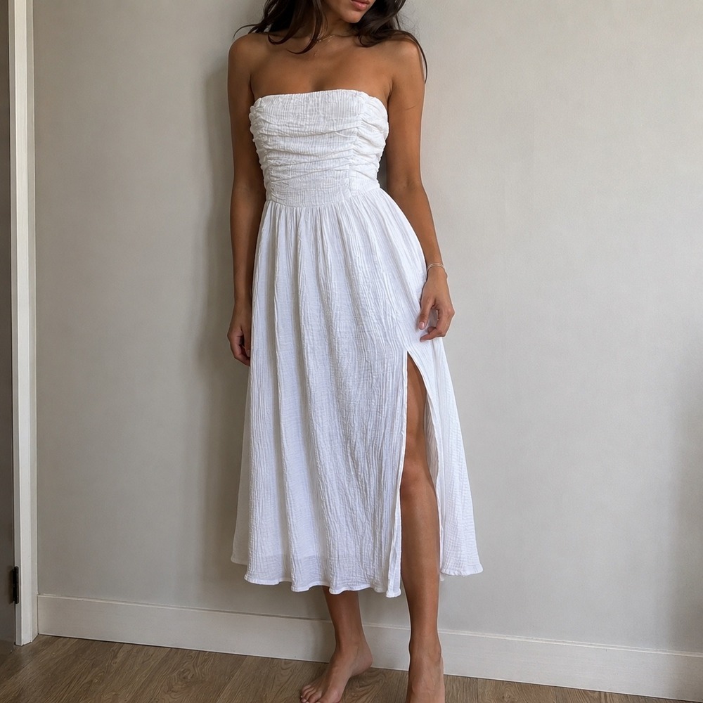 Hello Molly White Strapless Midi Dress Gauze Side Slit Size 4 Coastal